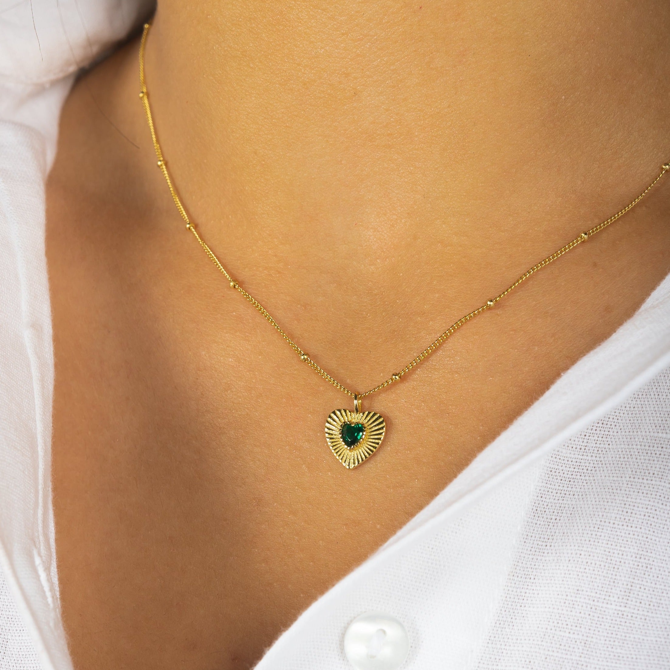 Green Heart Pendant Necklace - Gold