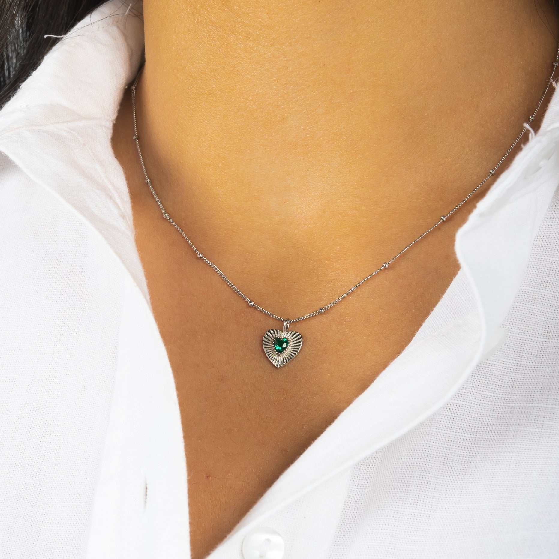 Green Heart Pendant Necklace - Silver