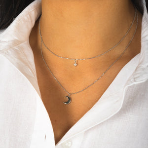 Moon & Star Layer Necklace - Silver