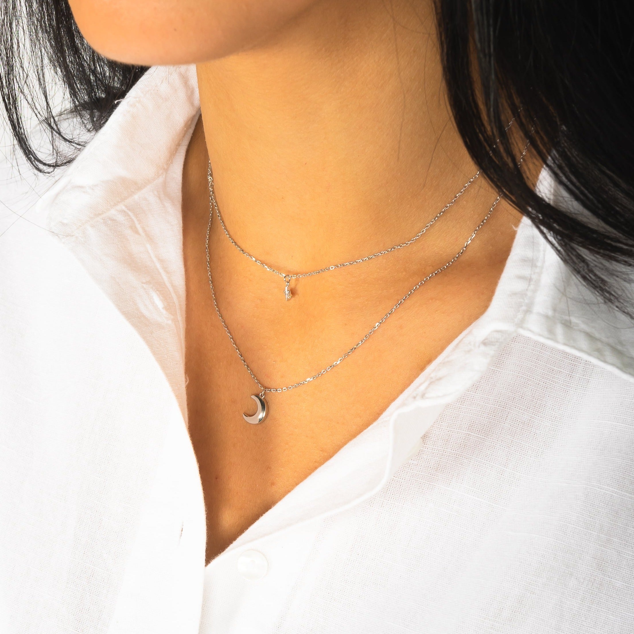Moon & Star Layer Necklace - Silver